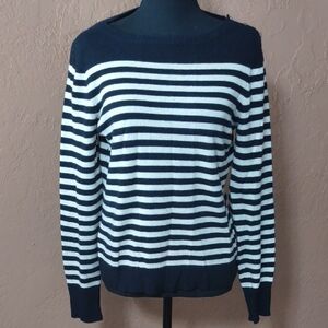 Talbots Black and White Striped Crew Neck 100% Cashmere Sweater Size M
